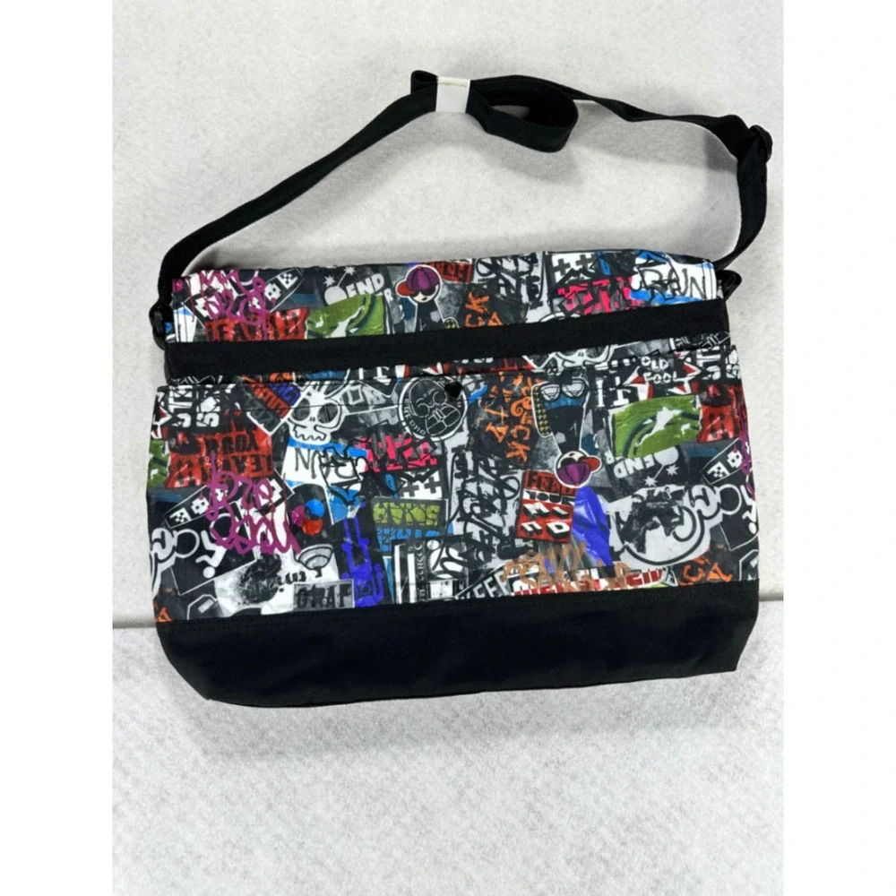 LeSportsac Graffiti Sticker Bomb Messenger Bag Black Multi Ripstop Crossbody